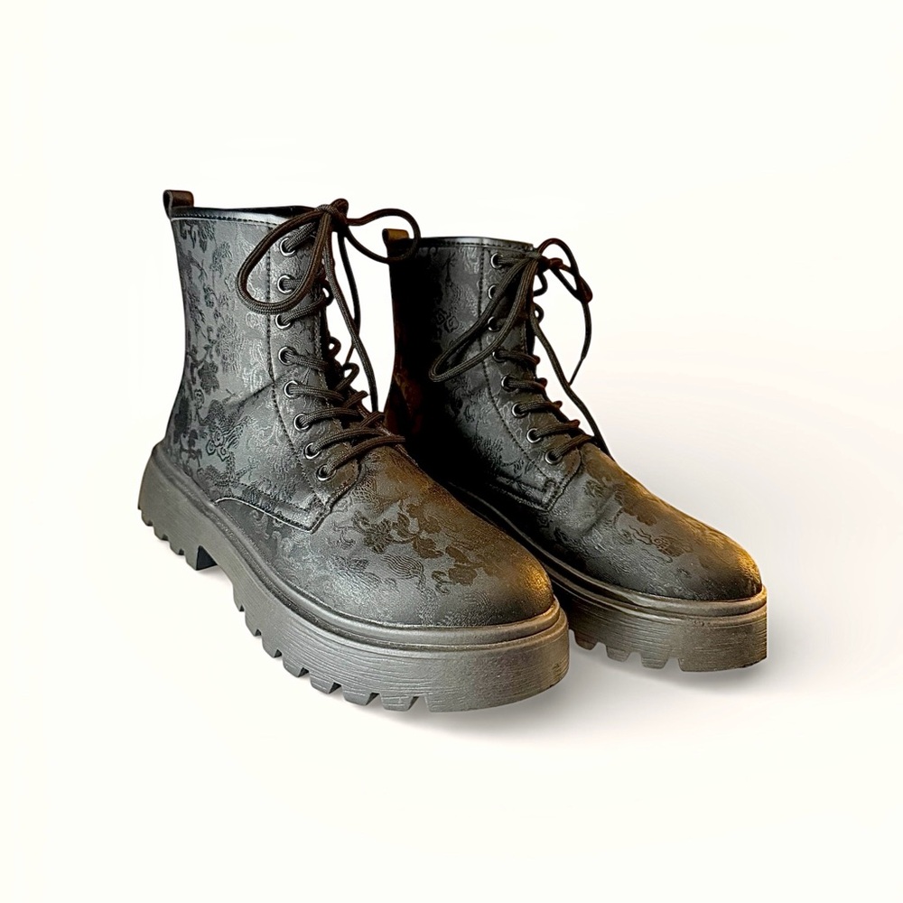 SHEIN Black Floral Lace-Up Combat Boots